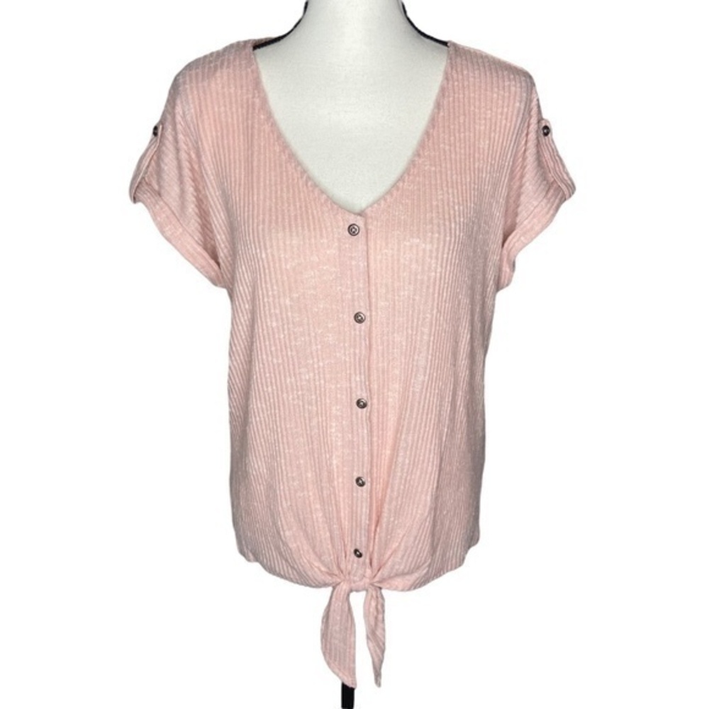 No Boundaries Top Light Pink Ribbed Tie Front Button Down Short Tab Sleeve Top
